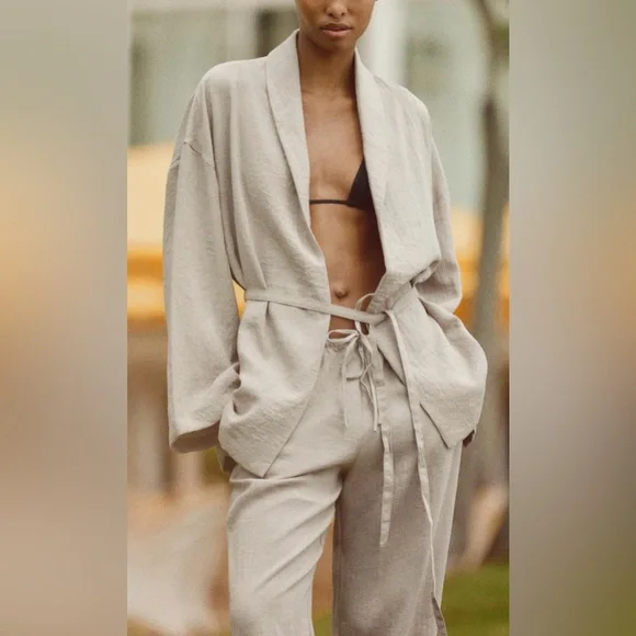 Zara Belted Textured Women's Long Sleeve Kimono Jacket In Beige/Tan Size M/L NWT - Picture 14 of 16